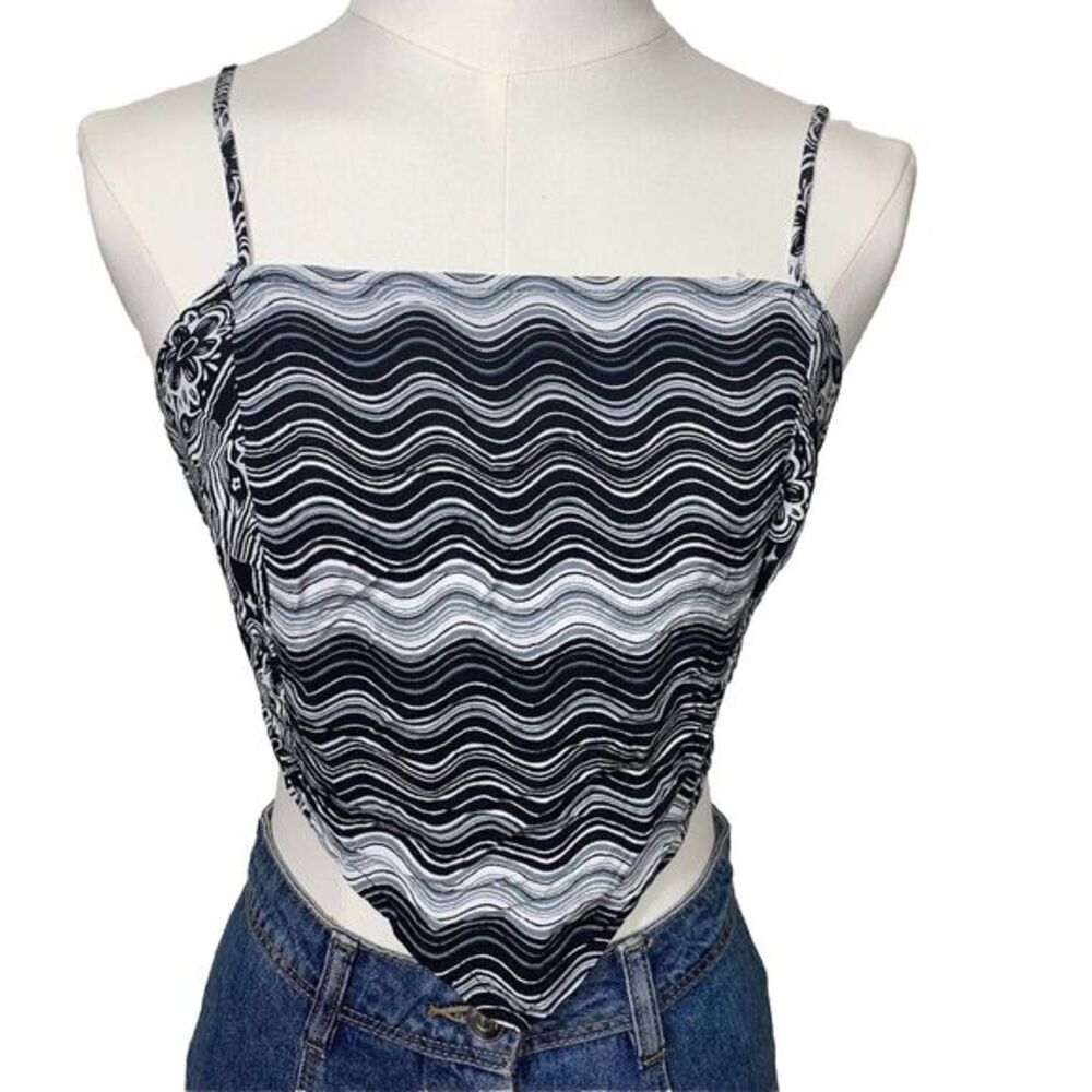 SO Crop Tank Top Womens Small Black White Mixed Print Handkerchief Boho Smocked